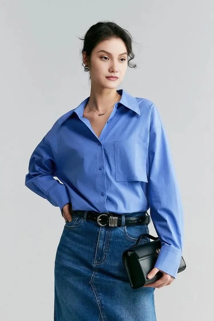 Relaxed Button Down Shirt with Pocket in Cotton