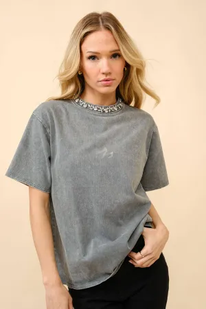 Rhinestone Embellished Neck T-Shirt