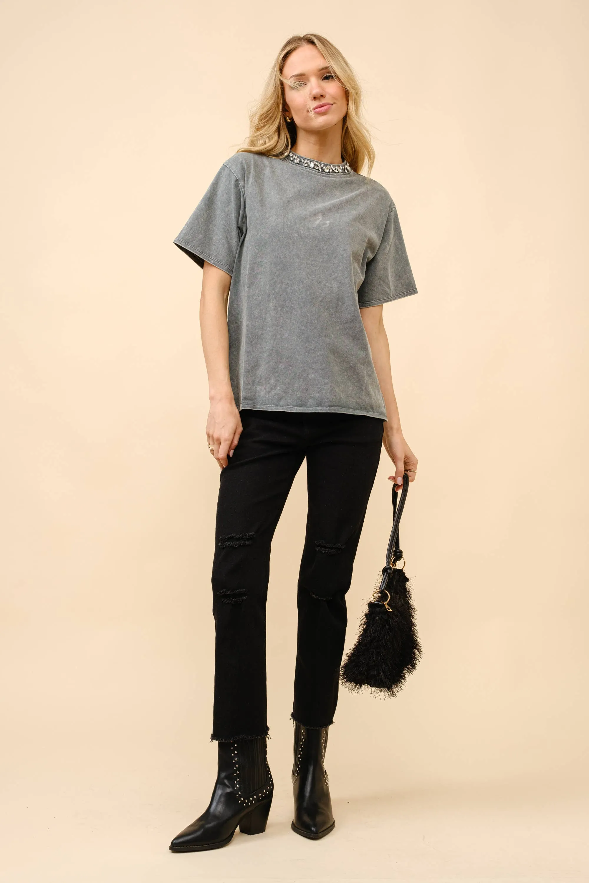 Rhinestone Embellished Neck T-Shirt
