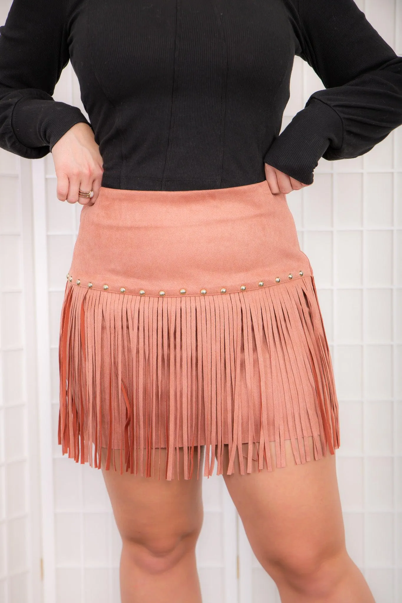 Rhinestone Suede Fringe Skirt