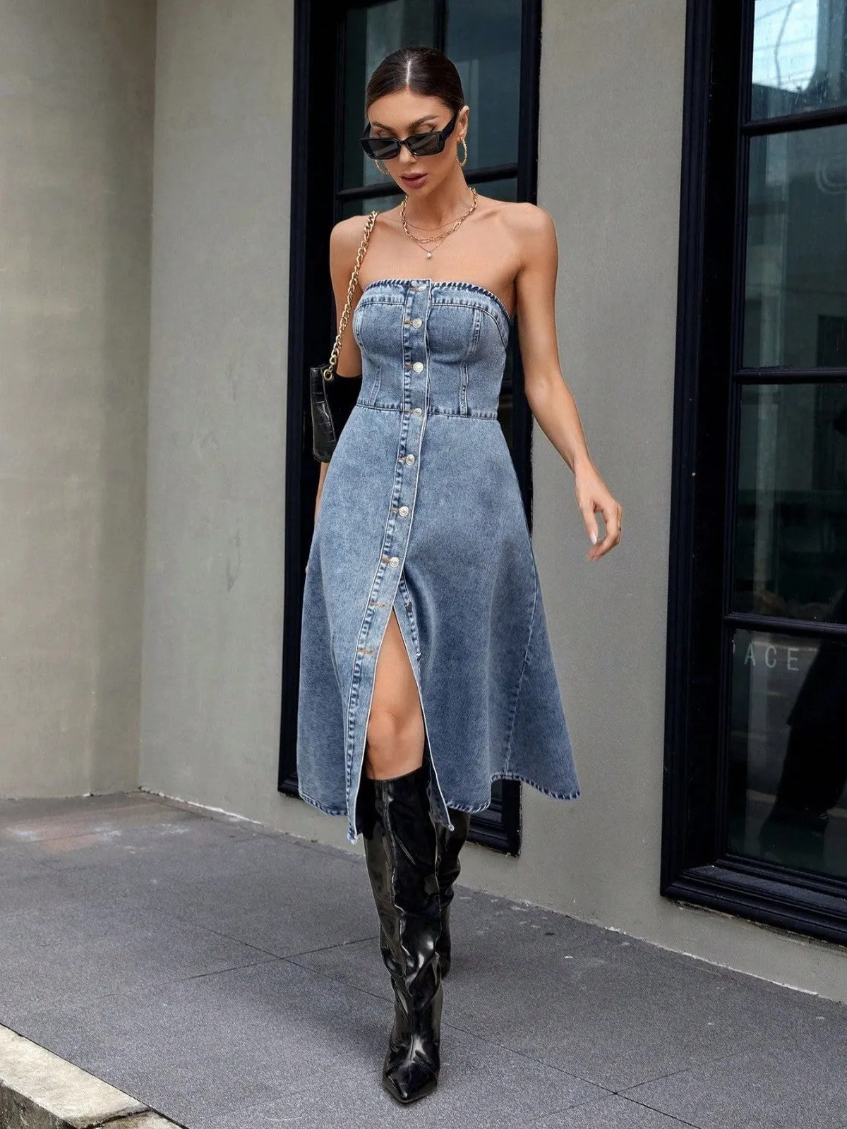 Sabine Strapless Button-Front Denim Dress