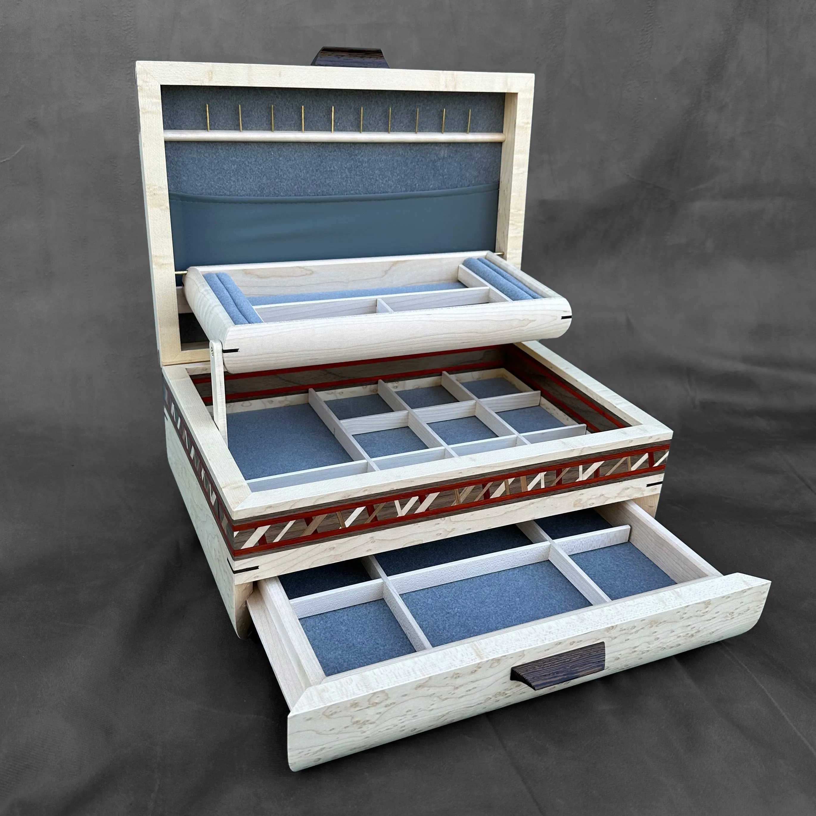 SELECT Sophisticated Jewelry Chest Birdseye maple with Birdseye maple Lid, Crisscross inlay and Walnut and Padauk Stripe