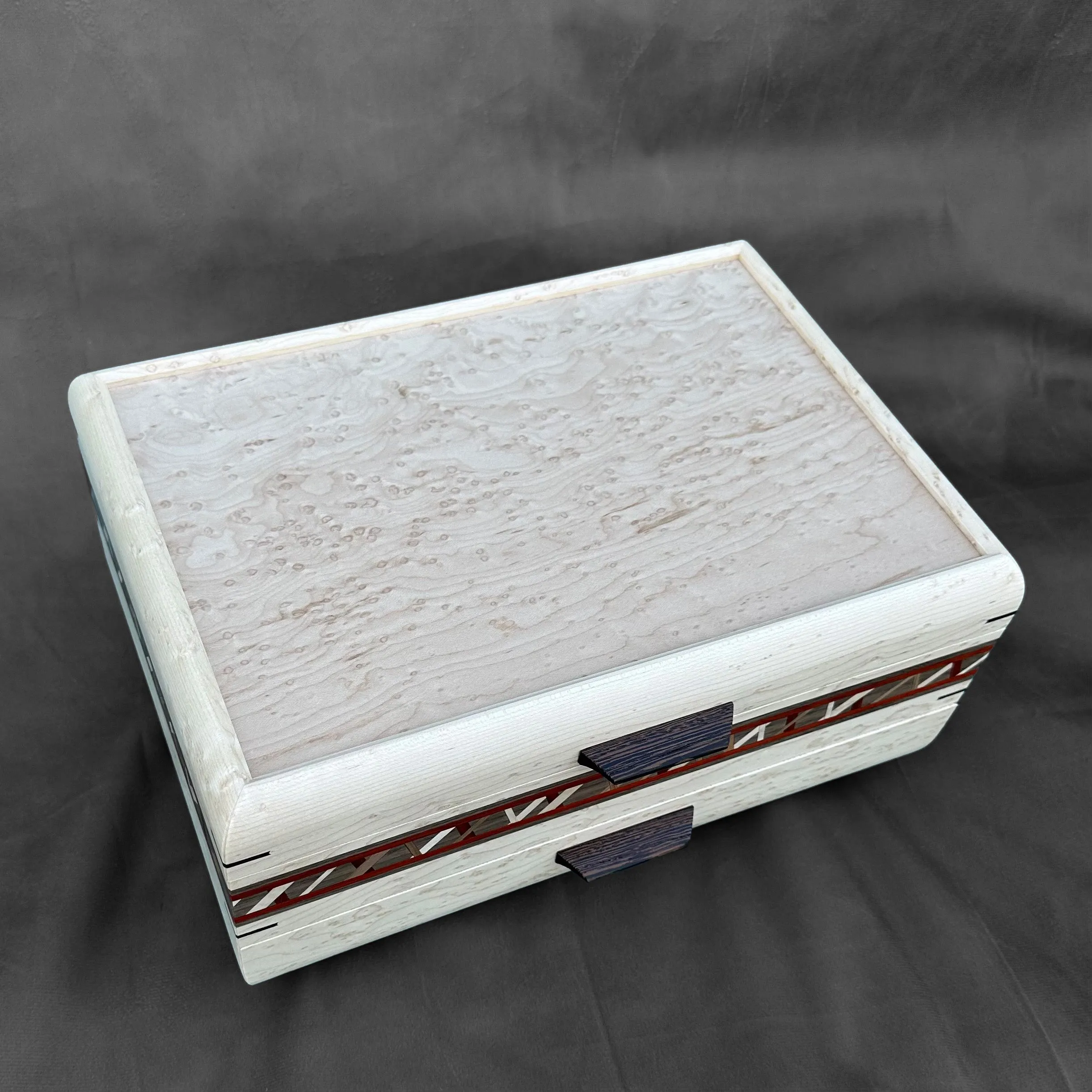 SELECT Sophisticated Jewelry Chest Birdseye maple with Birdseye maple Lid, Crisscross inlay and Walnut and Padauk Stripe