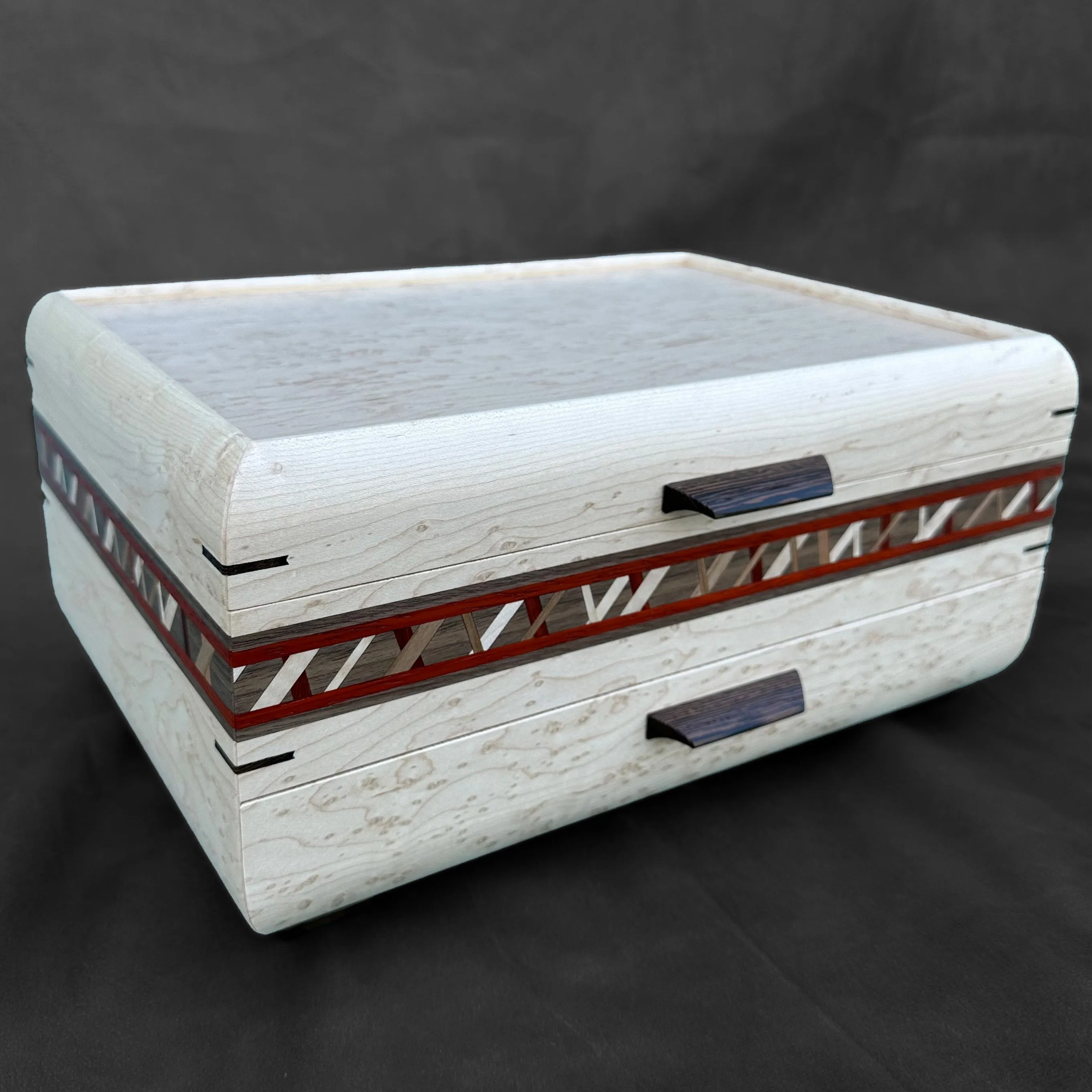 SELECT Sophisticated Jewelry Chest Birdseye maple with Birdseye maple Lid, Crisscross inlay and Walnut and Padauk Stripe