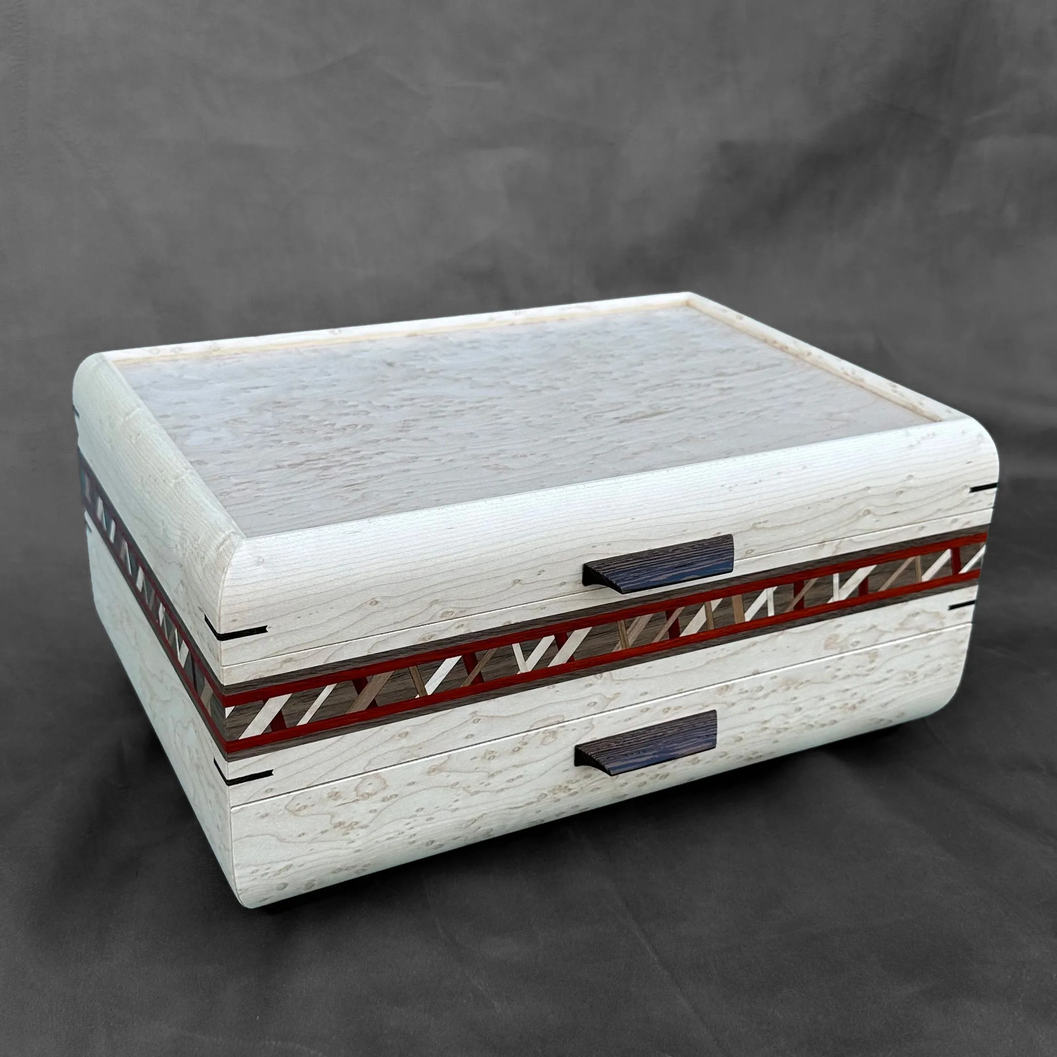 SELECT Sophisticated Jewelry Chest Birdseye maple with Birdseye maple Lid, Crisscross inlay and Walnut and Padauk Stripe