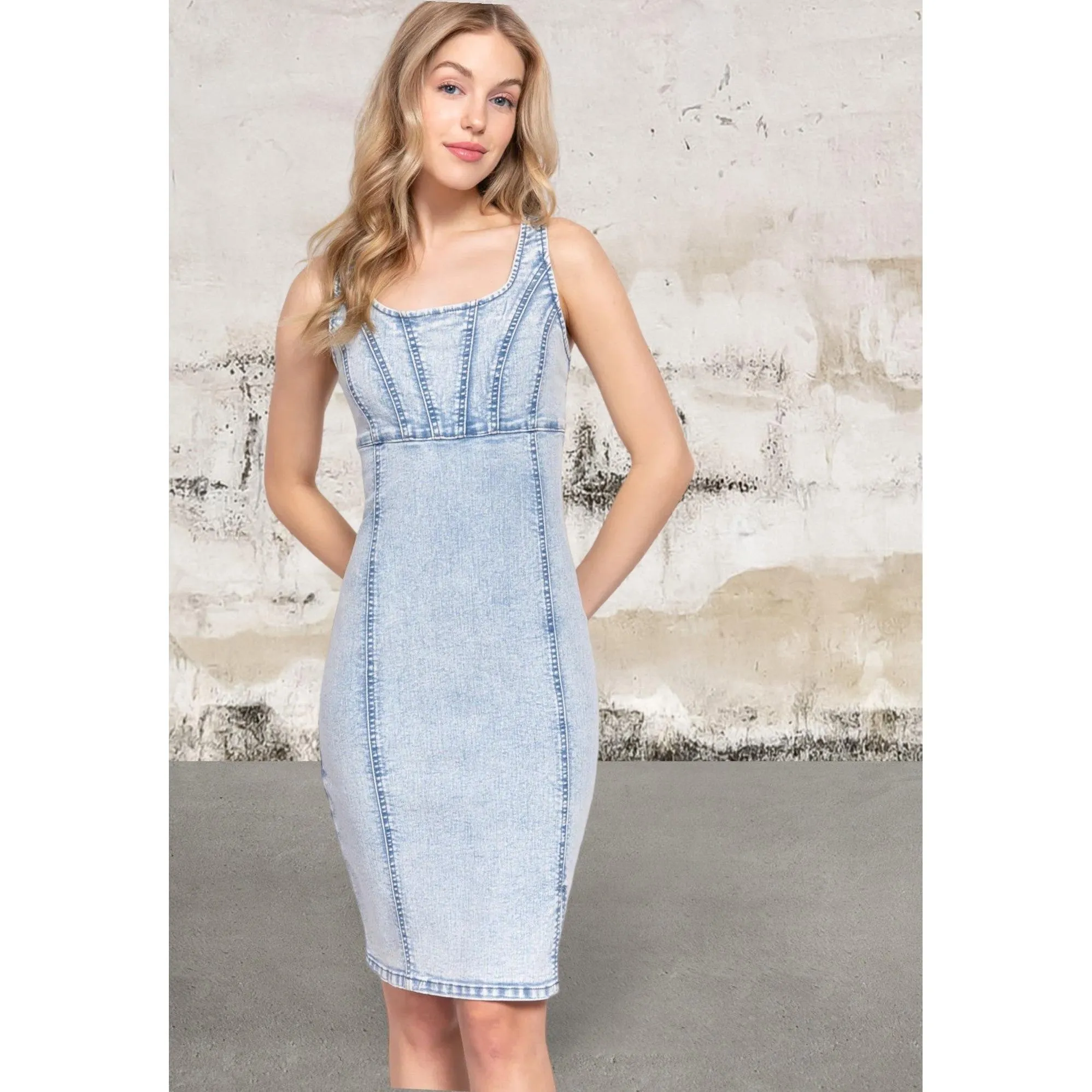Sleeveless Knee Length Stretch Denim Mini Dress