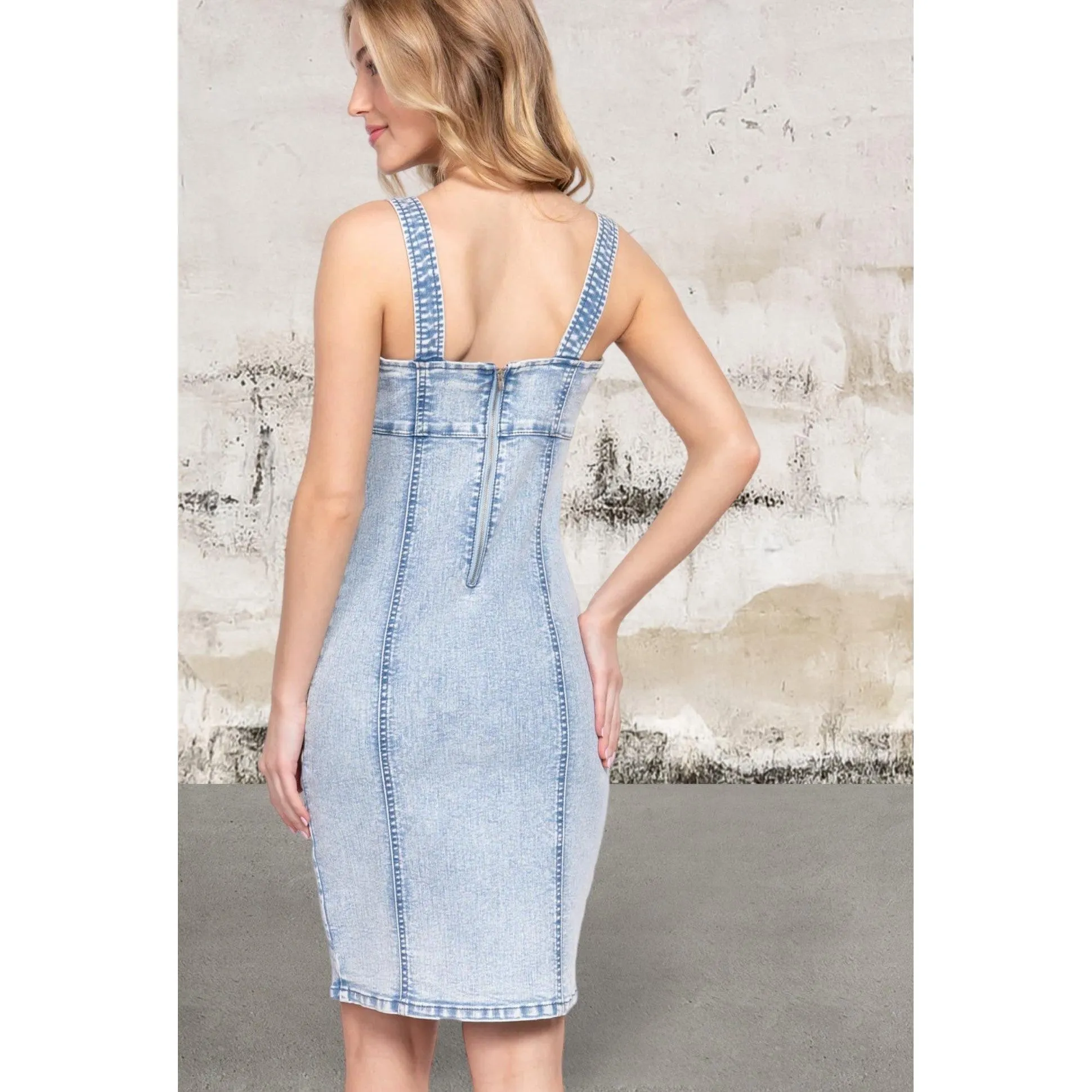 Sleeveless Knee Length Stretch Denim Mini Dress