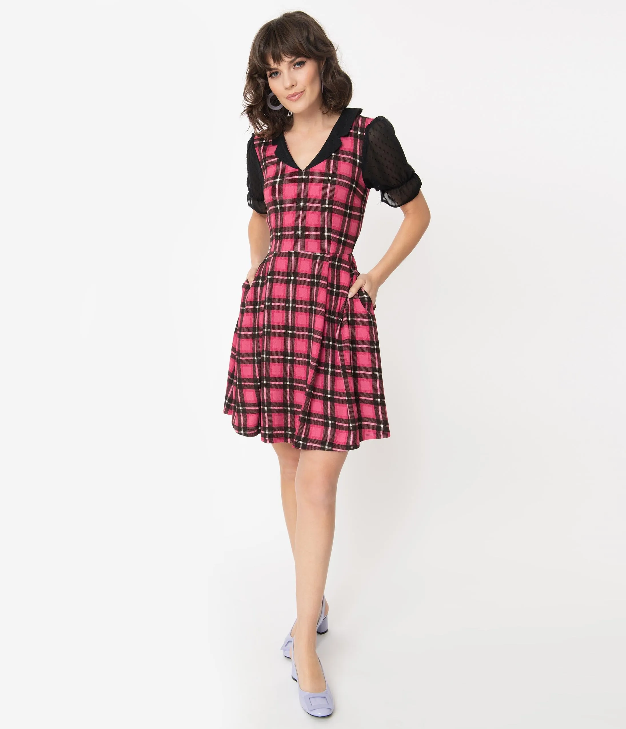 Smak Parlour Pink Plaid Half Sleeve Ruffle Riot Fit & Flare Dress