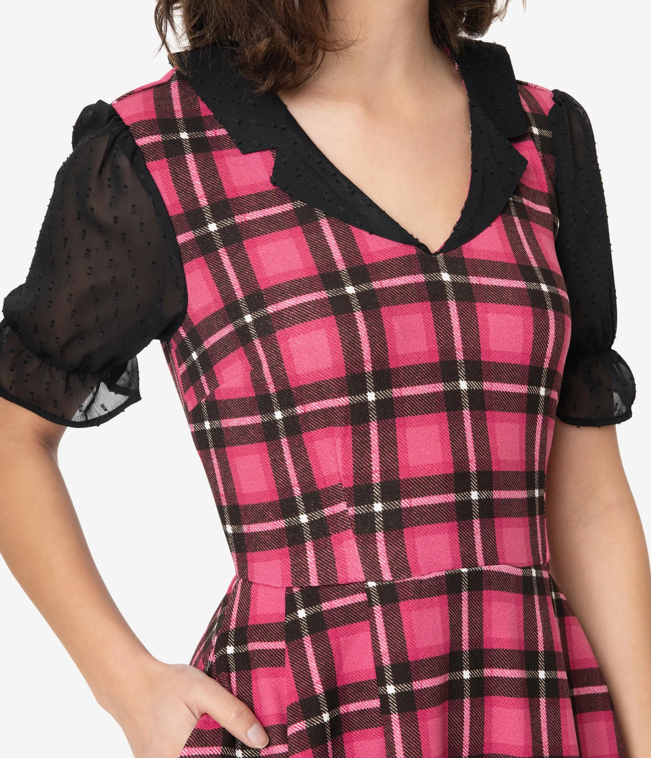 Smak Parlour Pink Plaid Half Sleeve Ruffle Riot Fit & Flare Dress
