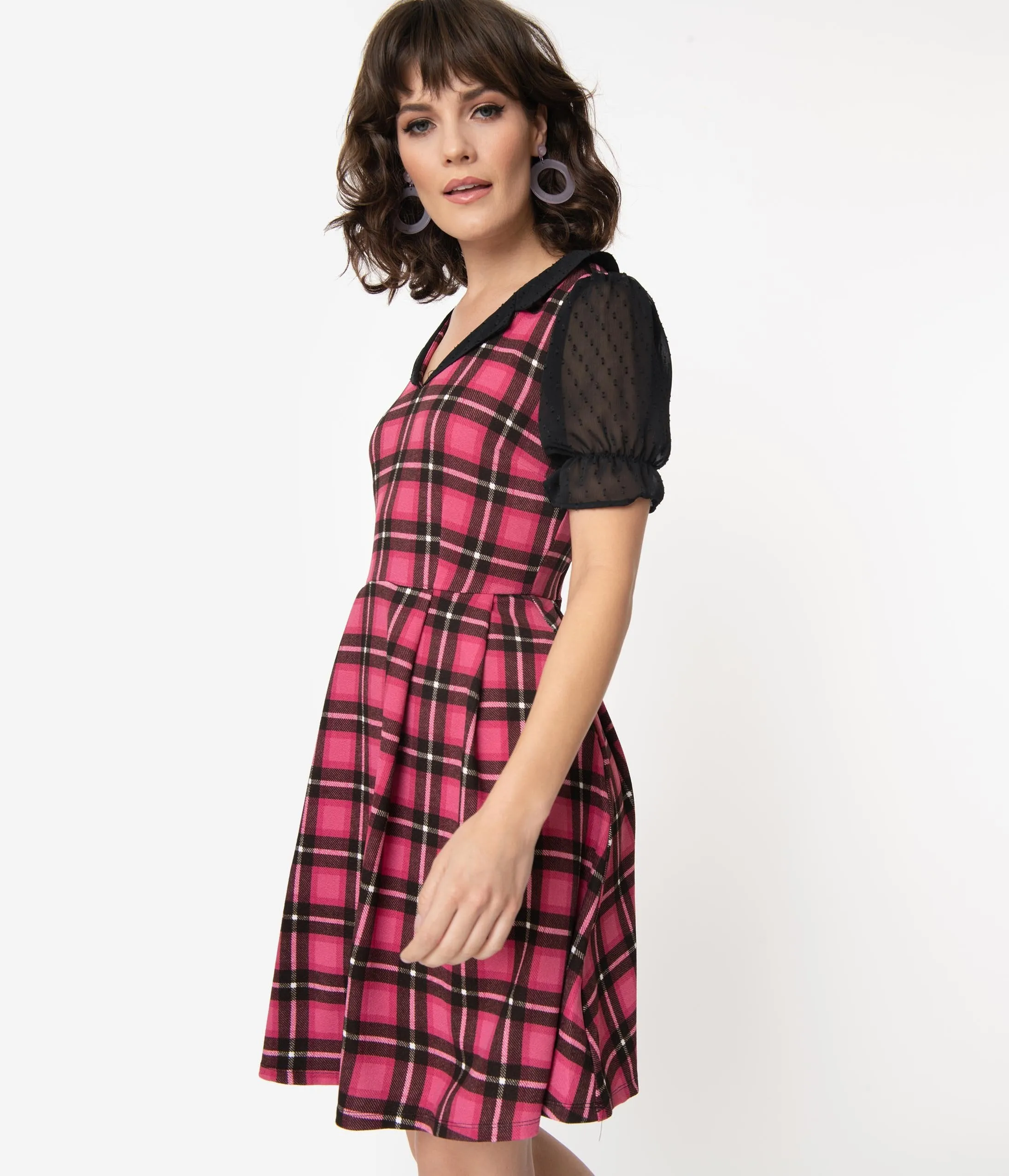 Smak Parlour Pink Plaid Half Sleeve Ruffle Riot Fit & Flare Dress