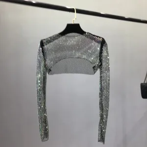 Sparkling Rhinestones Mesh See Through Long Sleeve Tops