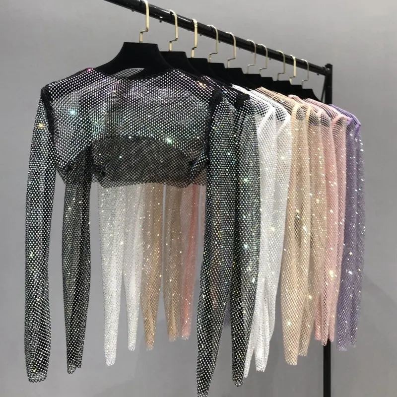 Sparkling Rhinestones Mesh See Through Long Sleeve Tops