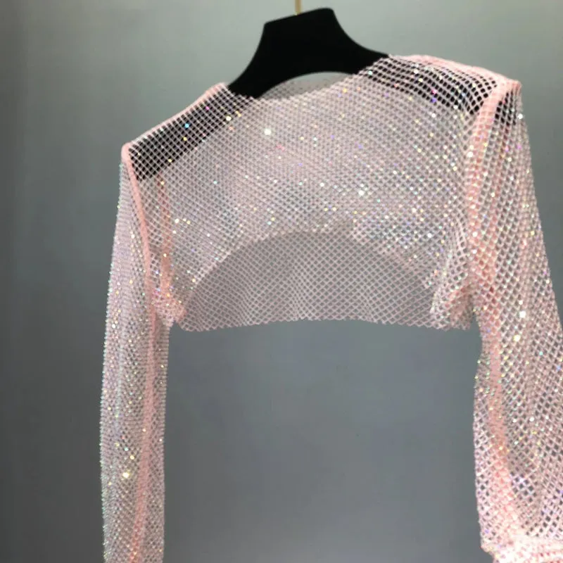 Sparkling Rhinestones Mesh See Through Long Sleeve Tops
