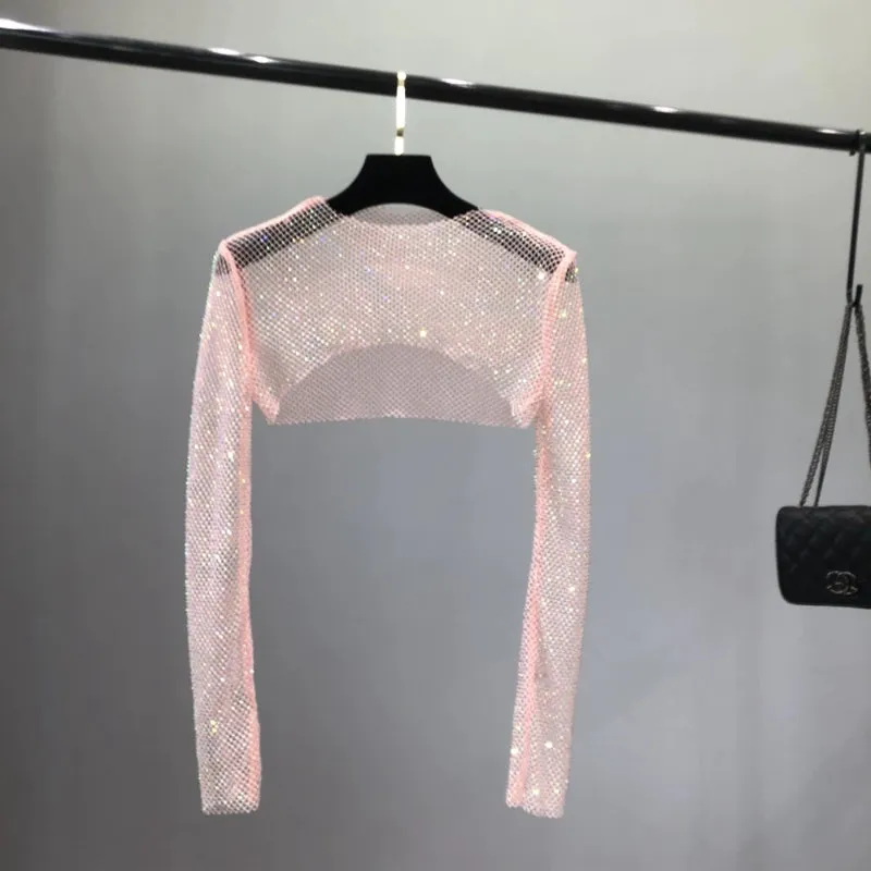 Sparkling Rhinestones Mesh See Through Long Sleeve Tops