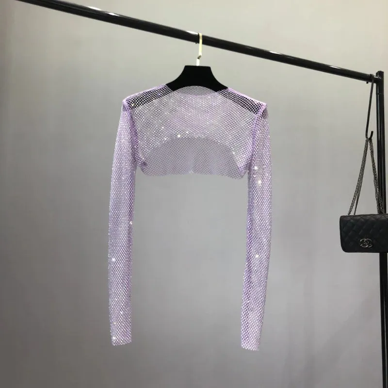 Sparkling Rhinestones Mesh See Through Long Sleeve Tops