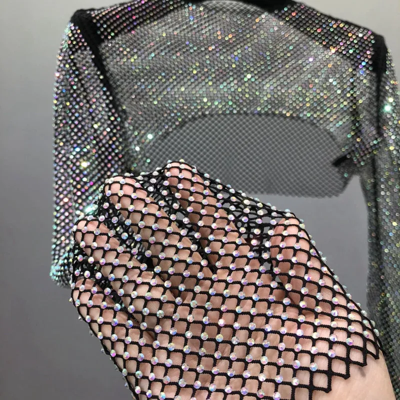 Sparkling Rhinestones Mesh See Through Long Sleeve Tops