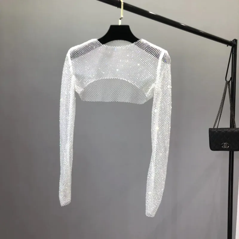 Sparkling Rhinestones Mesh See Through Long Sleeve Tops