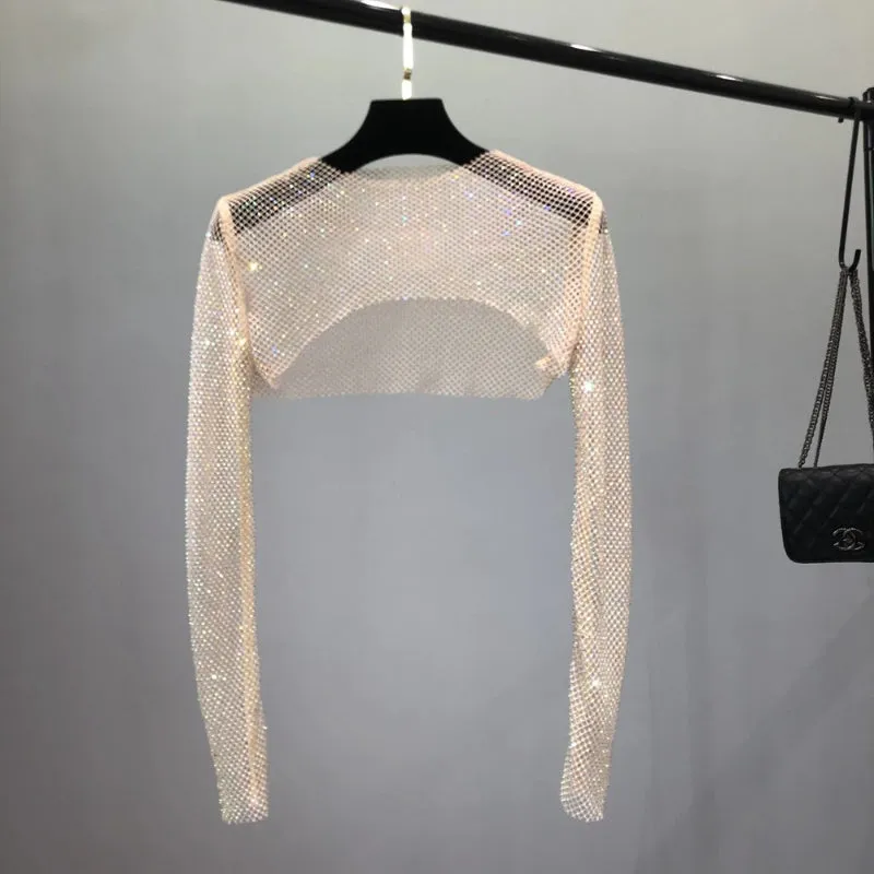 Sparkling Rhinestones Mesh See Through Long Sleeve Tops
