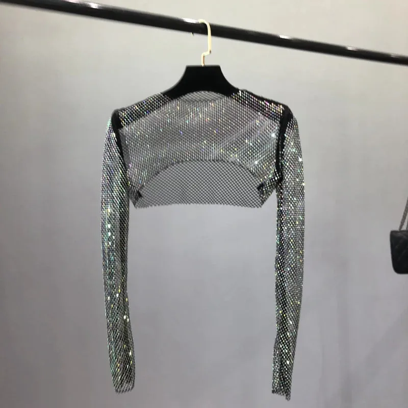 Sparkling Rhinestones Mesh See Through Long Sleeve Tops