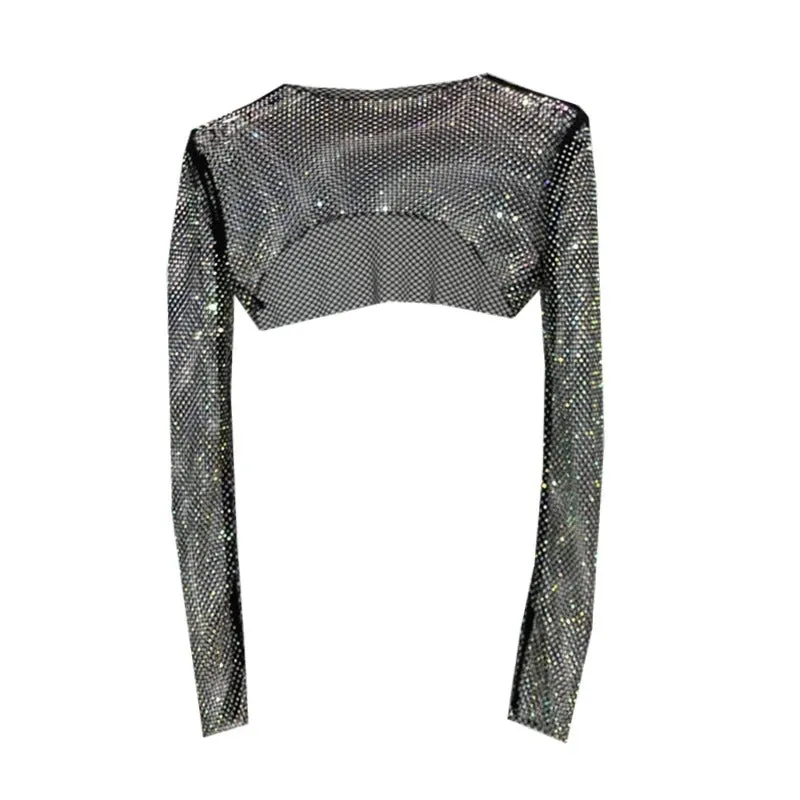 Sparkling Rhinestones Mesh See Through Long Sleeve Tops
