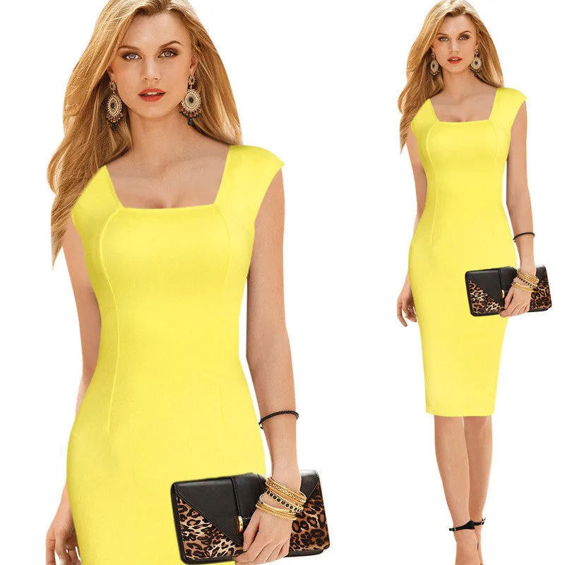 Square Sleeveless Solid Slim Long Dress