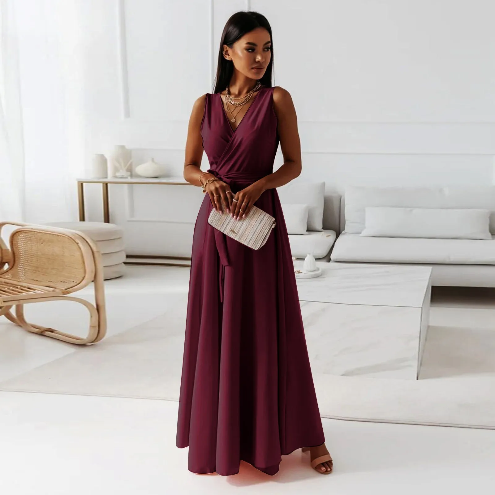 Sylis - Women's Solid Color V Neck Long Dress
