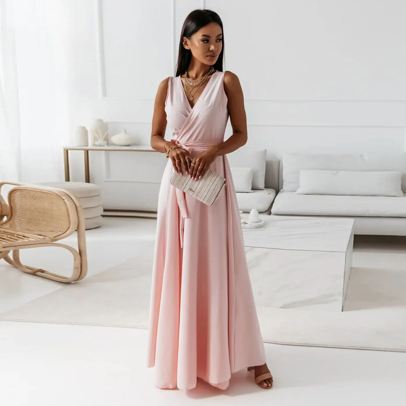 Sylis - Women's Solid Color V Neck Long Dress