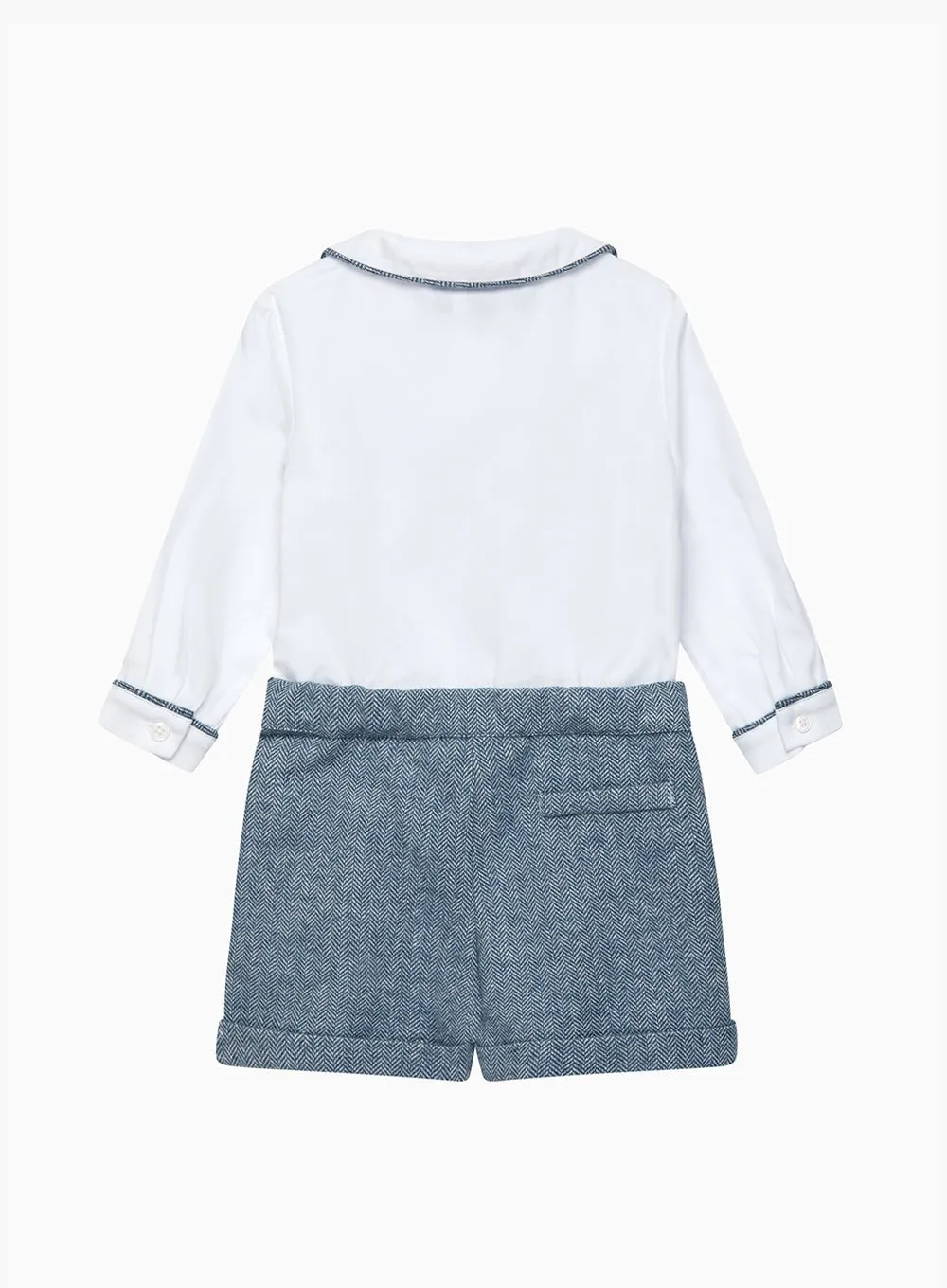 The Rupert Smocked Set in White/Blue Herringbone