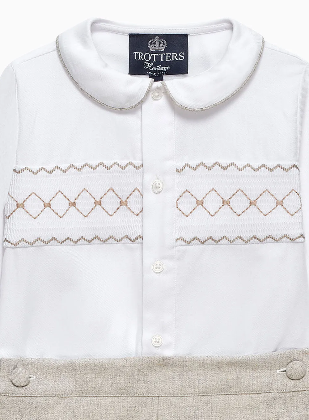 The Rupert Smocked Set in White/Oatmeal Flannel