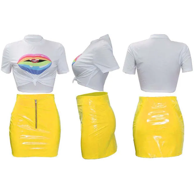 Trendy 2 piece lips crop top latex leather style mini skirt set