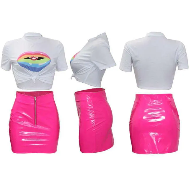 Trendy 2 piece lips crop top latex leather style mini skirt set