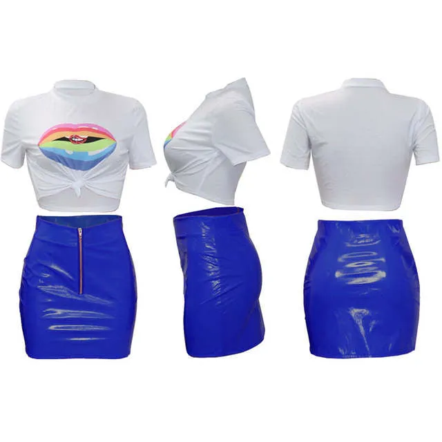 Trendy 2 piece lips crop top latex leather style mini skirt set