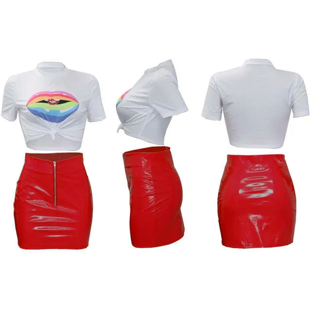 Trendy 2 piece lips crop top latex leather style mini skirt set