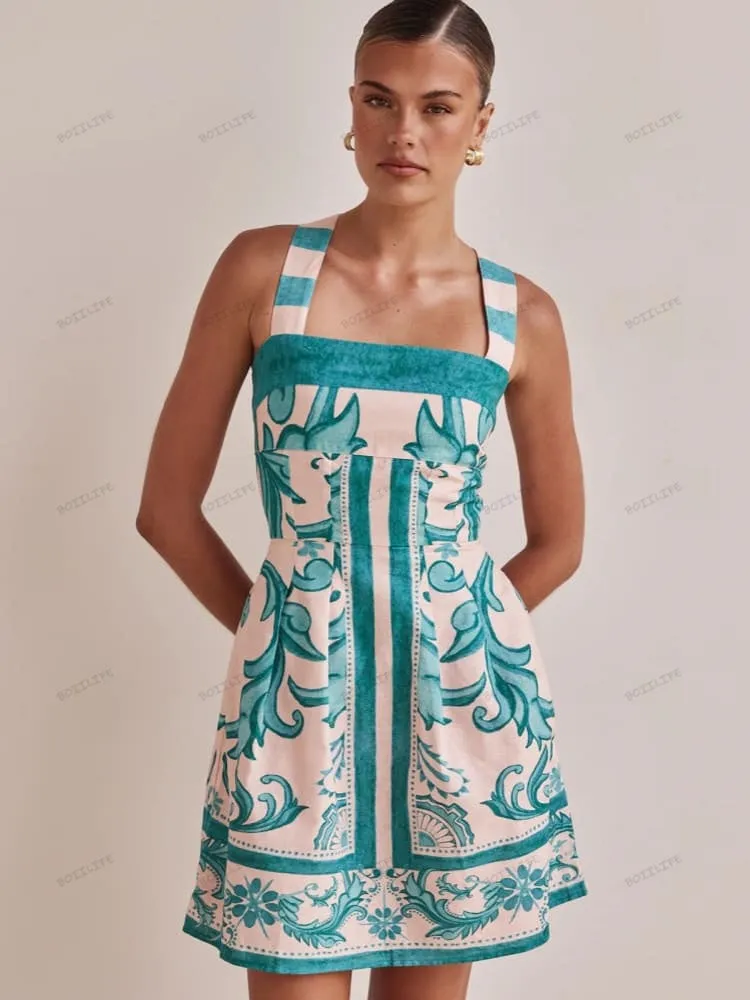 Trendy Casual Printed Spaghetti Strap Mini Dress