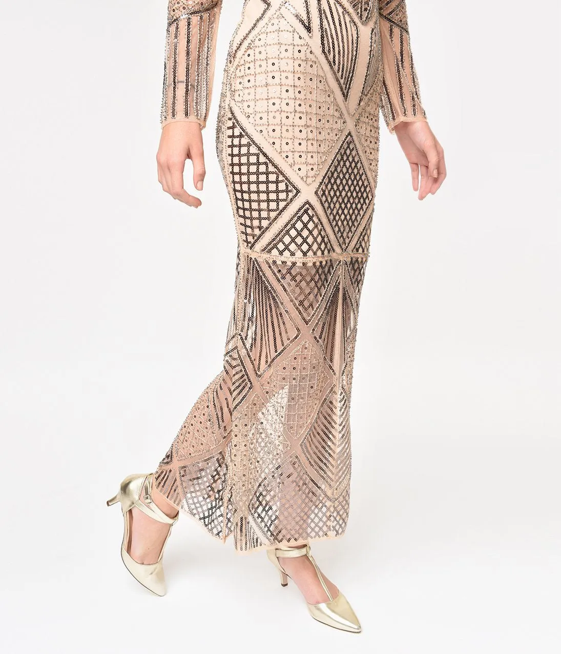 Unique Vintage Blush Rose Sleeved Beaded Régine Long Flapper Dress