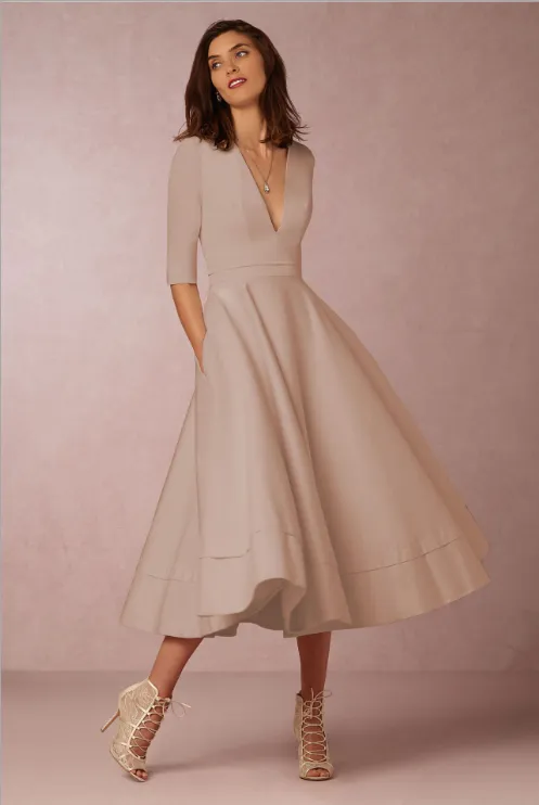 V-neck 3/4 Sleeves Solid High-waist Pleated Long Party Dress(Extra large code)