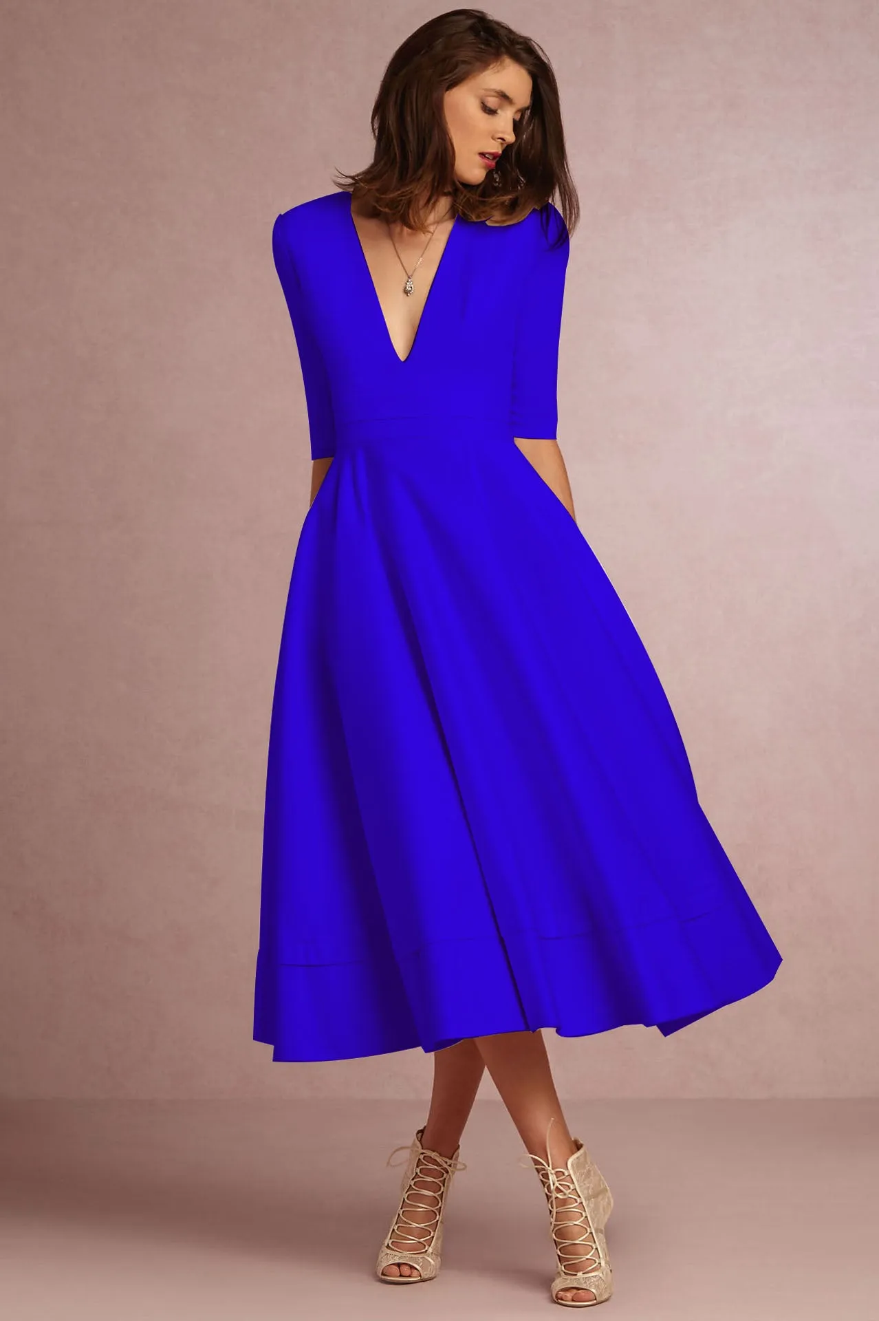V-neck 3/4 Sleeves Solid High-waist Pleated Long Party Dress(Extra large code)