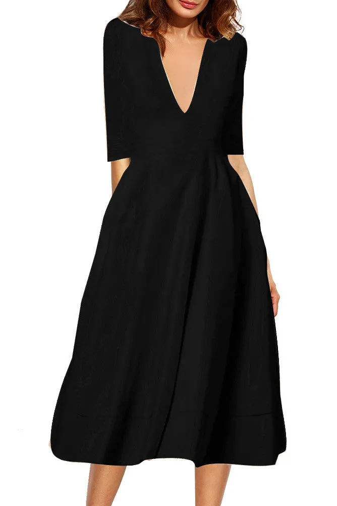 V-neck 3/4 Sleeves Solid High-waist Pleated Long Party Dress(Extra large code)
