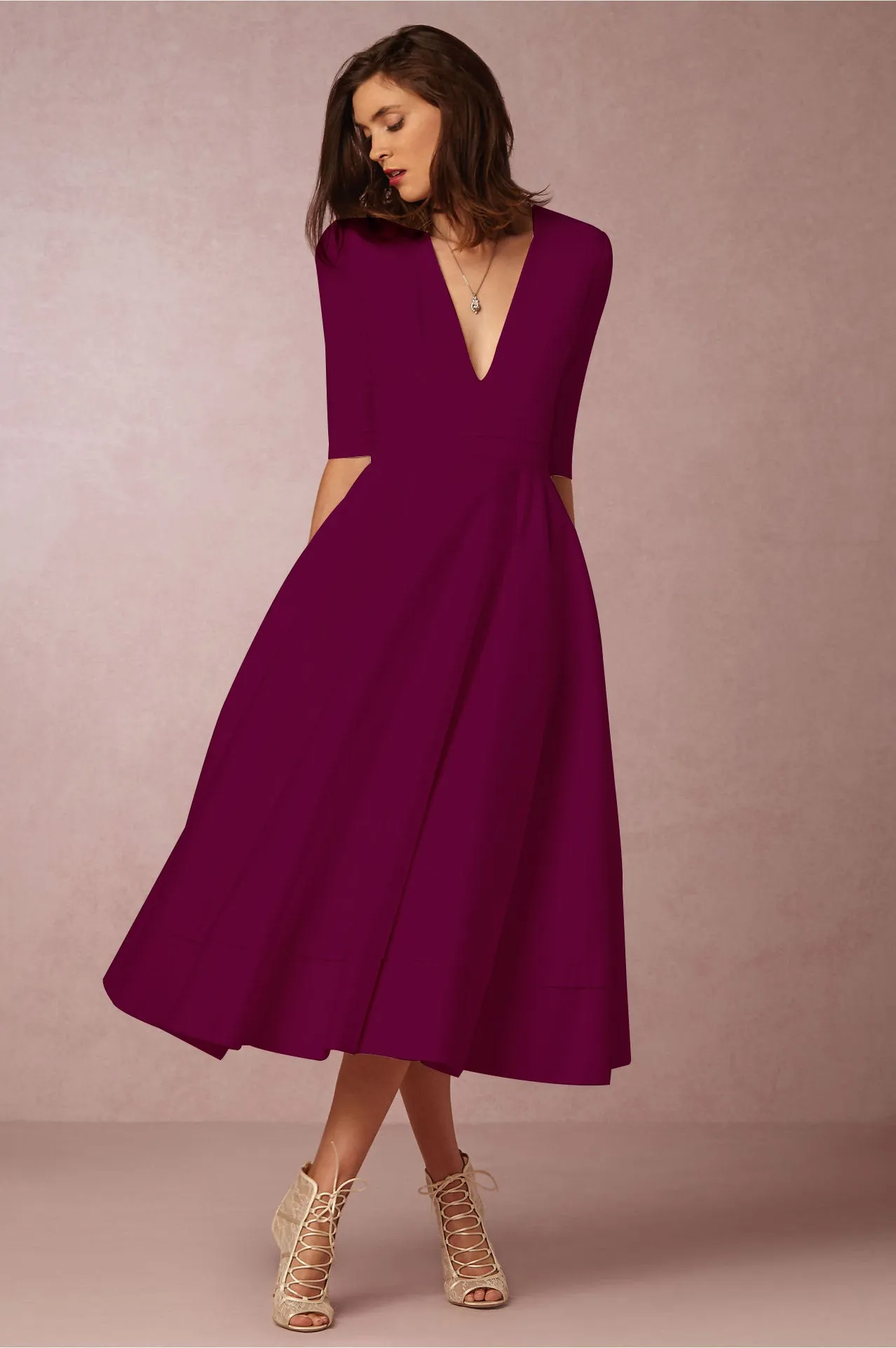V-neck 3/4 Sleeves Solid High-waist Pleated Long Party Dress(Extra large code)