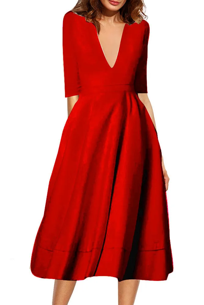 V-neck 3/4 Sleeves Solid High-waist Pleated Long Party Dress(Extra large code)