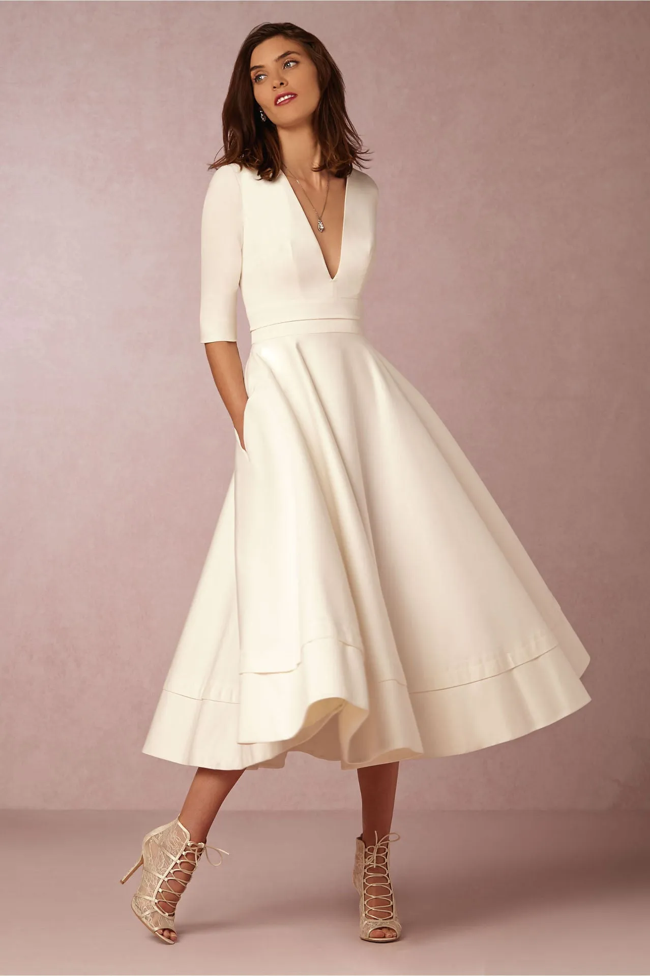 V-neck 3/4 Sleeves Solid High-waist Pleated Long Party Dress(Extra large code)