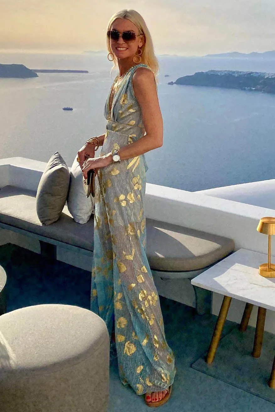 V Neck Sleeveless Waist Tight Flowy Hem Maxi Dress-AL9413
