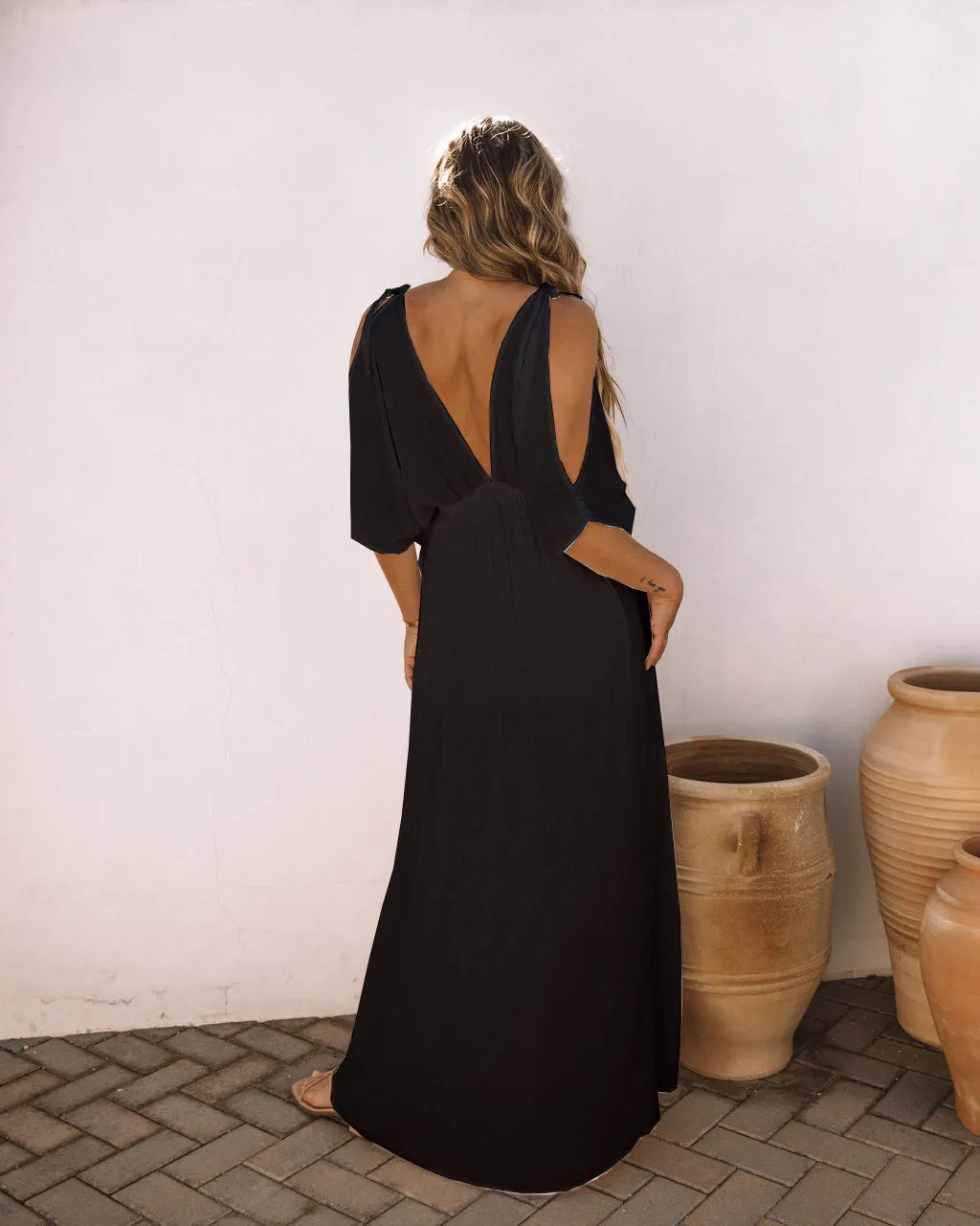 V-neck Waisted Solid Color Swing Dress