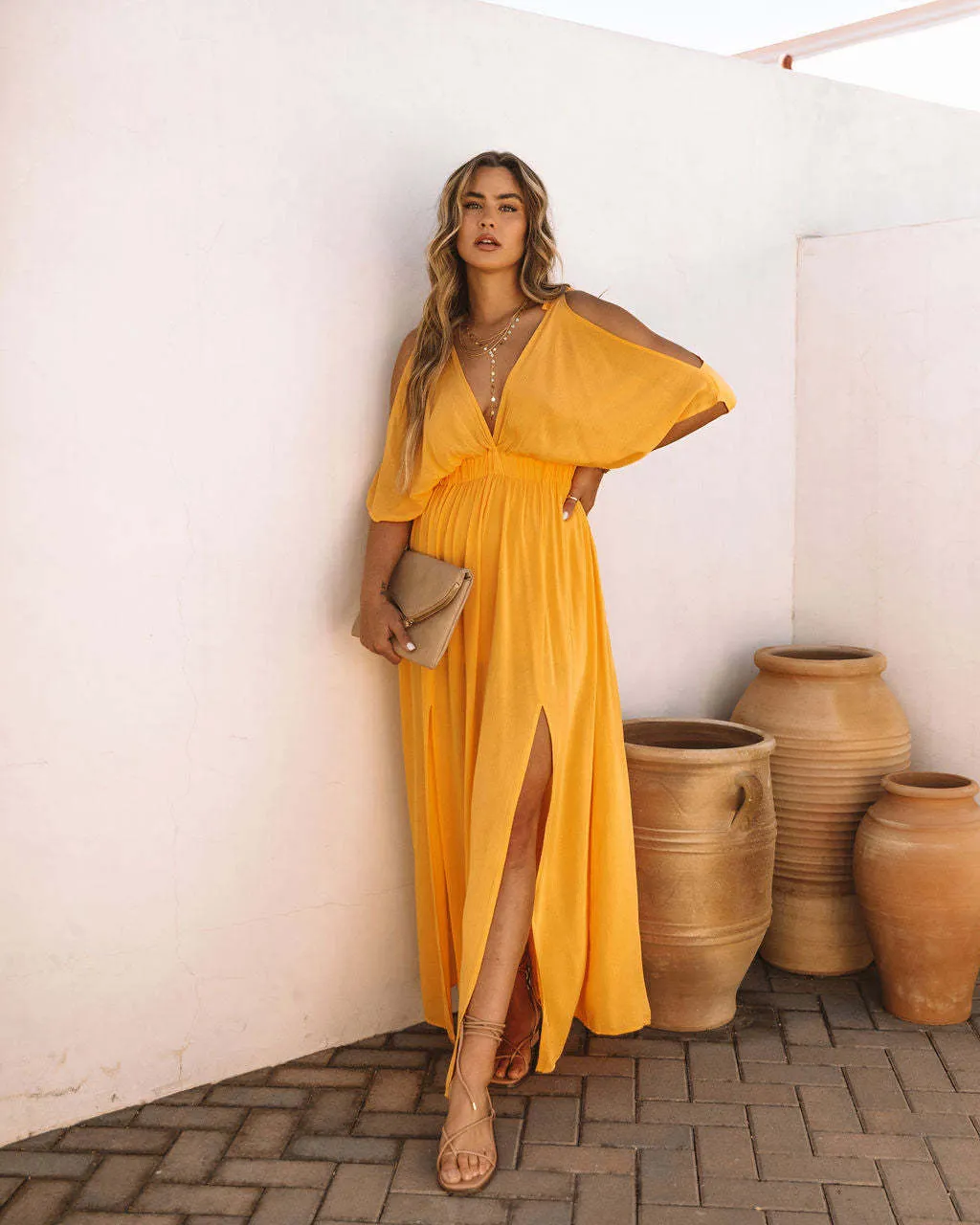V-neck Waisted Solid Color Swing Dress