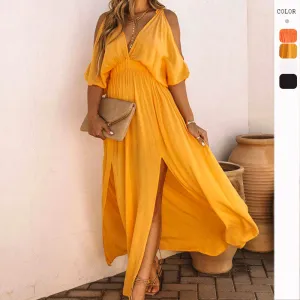 V-neck Waisted Solid Color Swing Dress