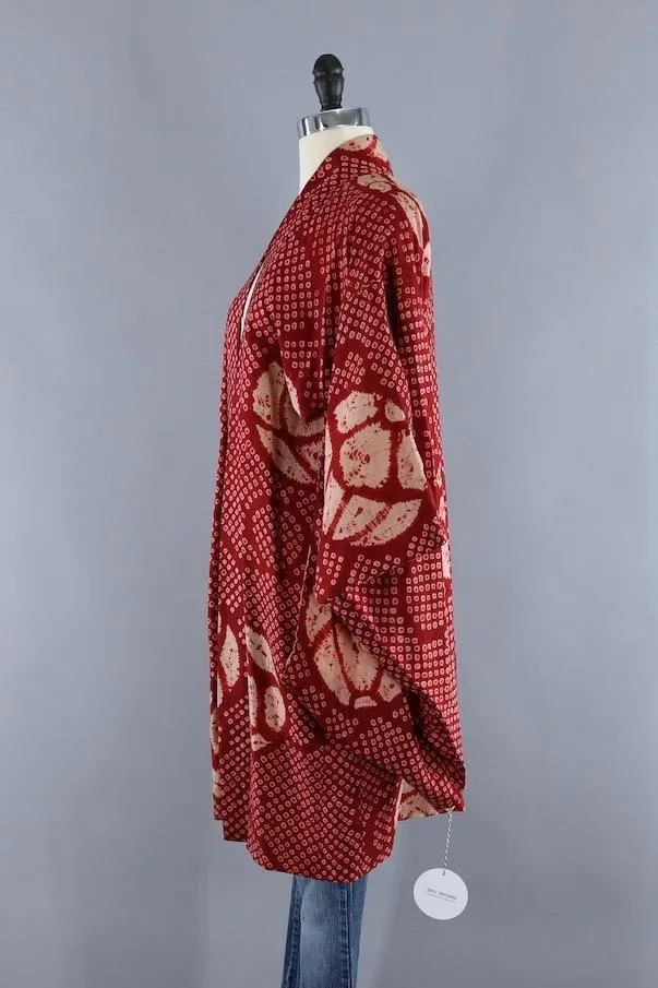 Vintage Silk Kimono Robe / Brick Red Maroon Shibori