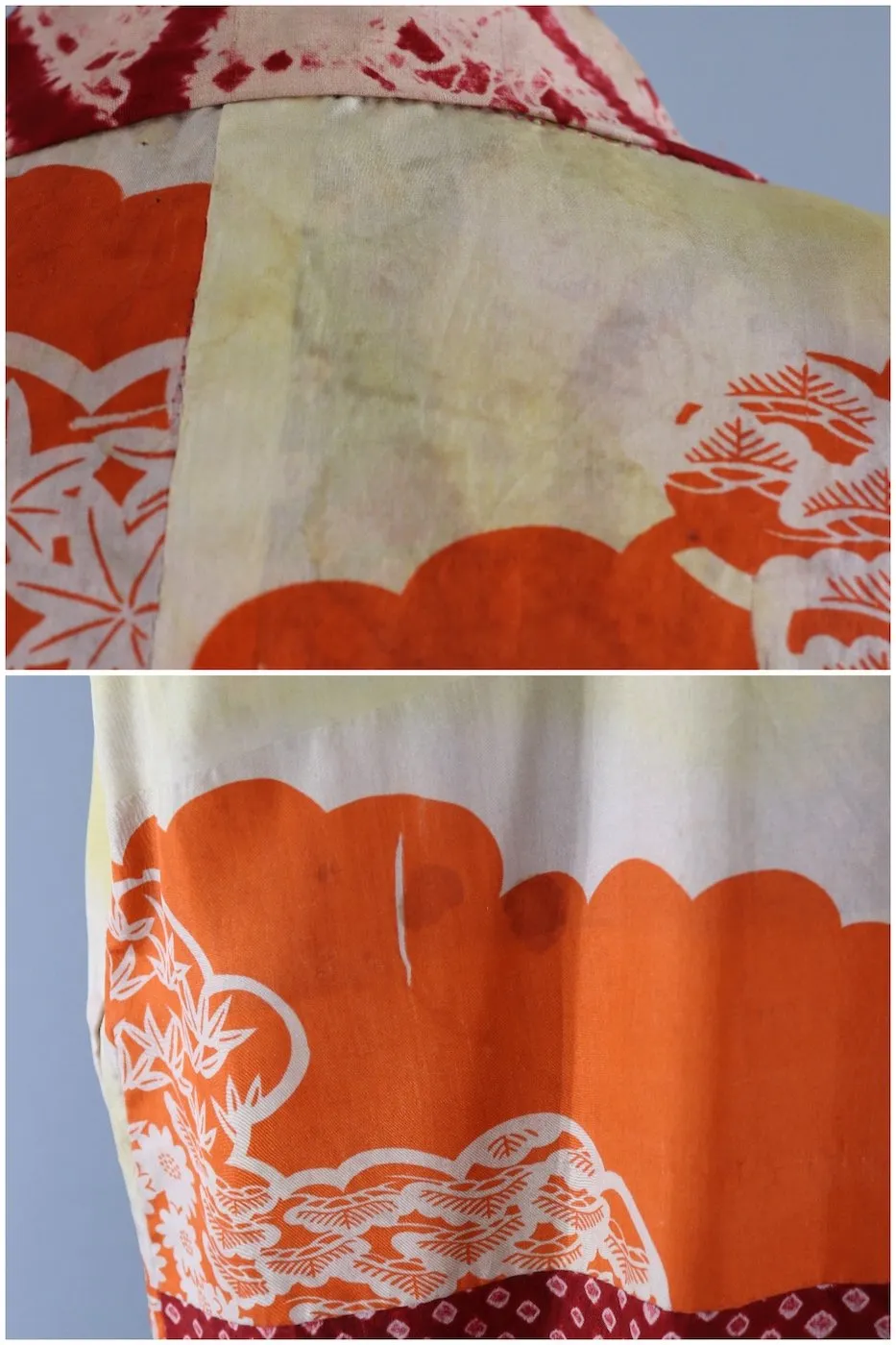 Vintage Silk Kimono Robe / Brick Red Maroon Shibori