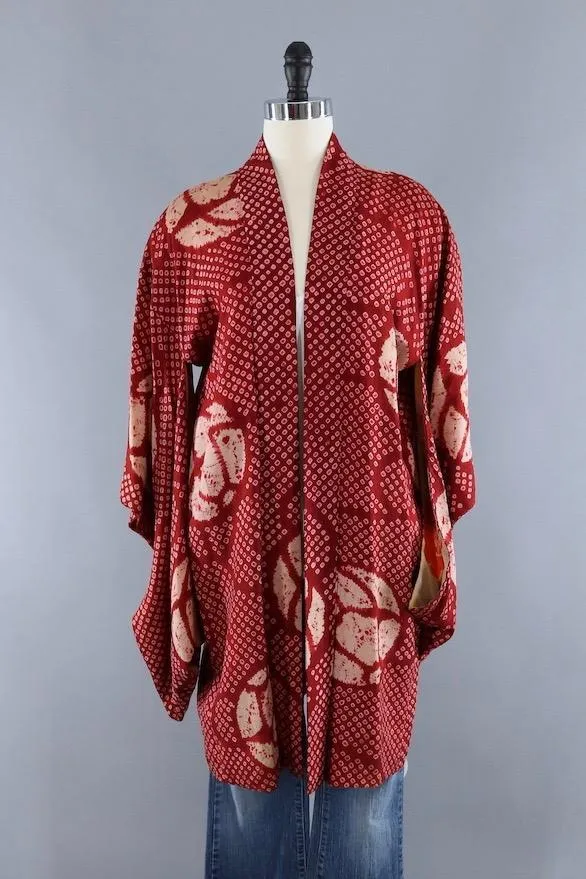 Vintage Silk Kimono Robe / Brick Red Maroon Shibori