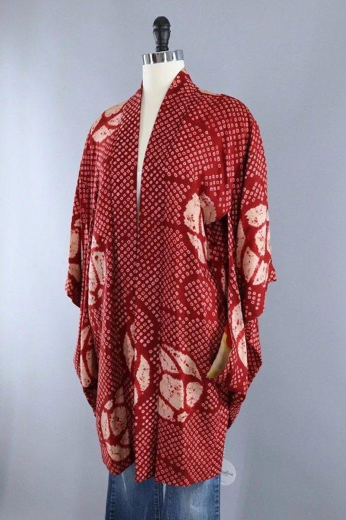 Vintage Silk Kimono Robe / Brick Red Maroon Shibori