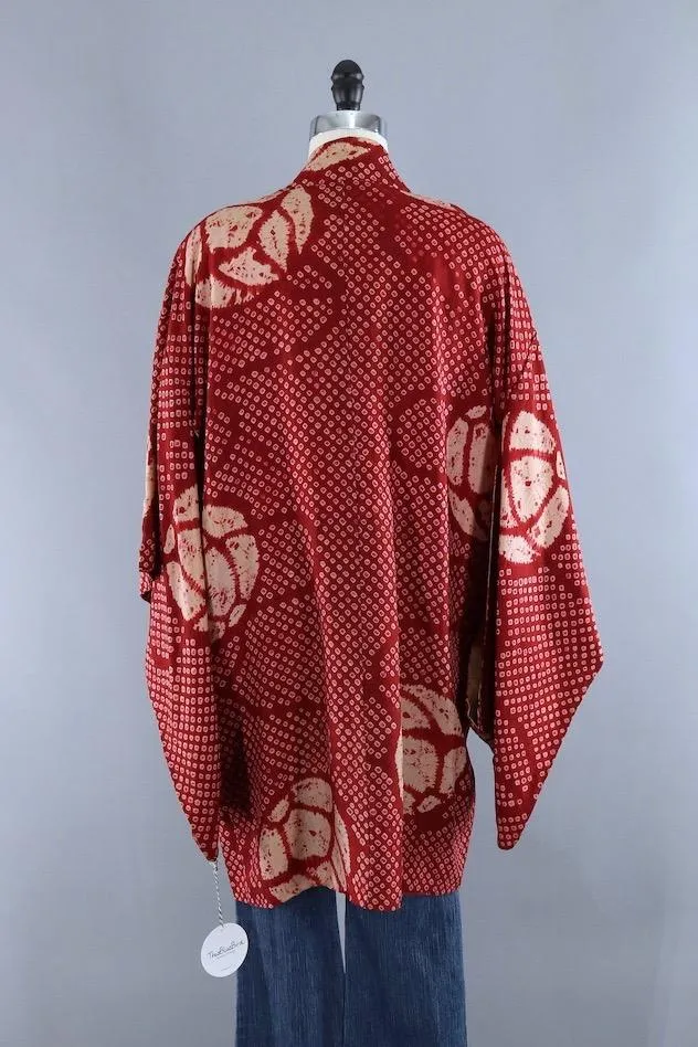 Vintage Silk Kimono Robe / Brick Red Maroon Shibori